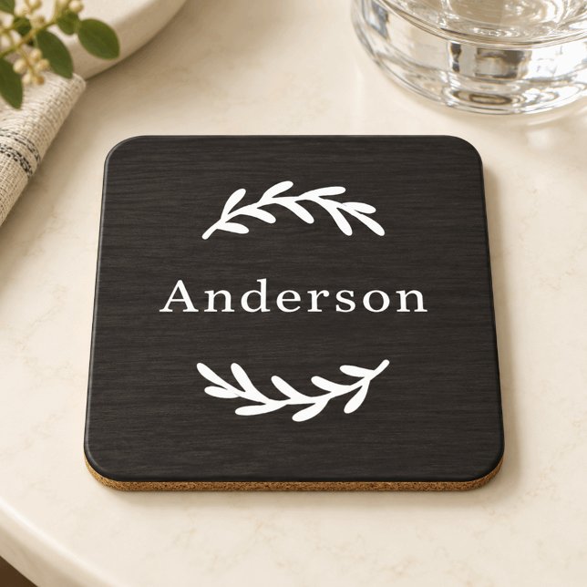 Rustic Charcoal Wood Laurel Monogram Name Coaster (Creator Uploaded)