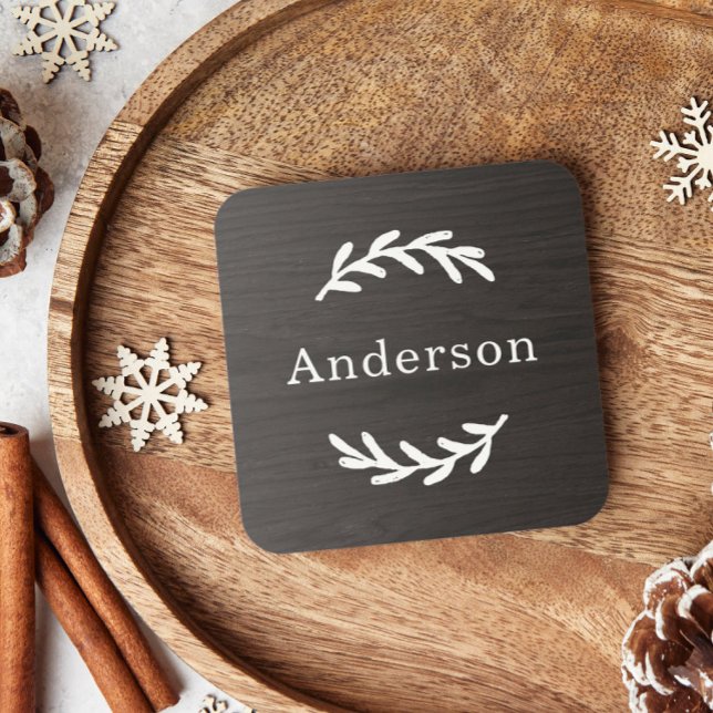 Rustic Charcoal Wood Laurel Monogram Name Coaster (Creator Uploaded)