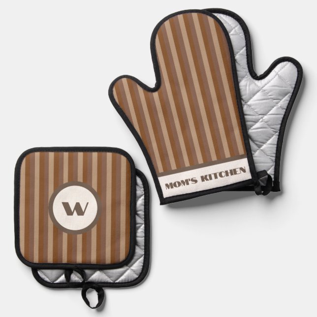 Rustic Charm Brown Striped Oven Mitt & Pot Holder Set (Front/Back)