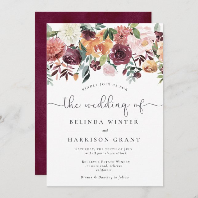 Rustic Charm Burgundy Blush Floral Drop Wedding Invitation (Front/Back)
