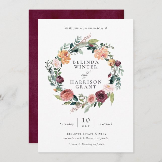 Rustic Charm Burgundy Blush Floral Wreath Wedding Invitation (Front/Back)