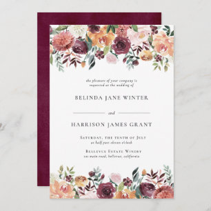 Rustic Charm Burgundy Blush Pink Floral Wedding Invitation