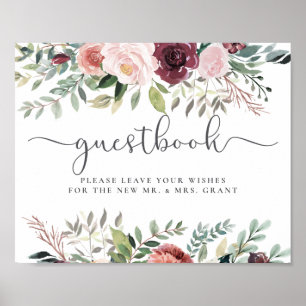 Rustic Charm Burgundy Blush Pink Floral Wedding Poster