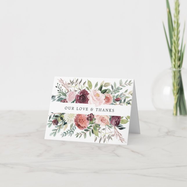 Rustic Charm Burgundy Blush Pink Floral Wedding Thank You Card (Front)