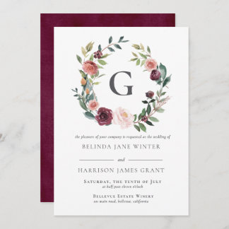 Rustic Charm Burgundy Pink Floral Wreath Wedding Invitation