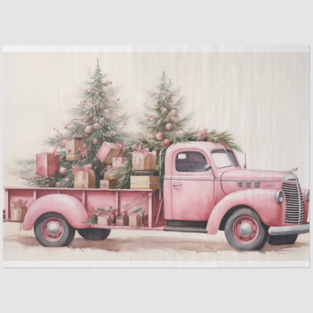 Rustic Charm: Christmas Tree Farm Pink Truck Tissue Paper (Front)