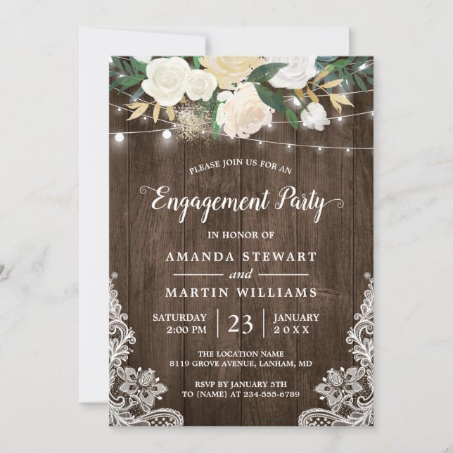 Rustic Charm Floral String Lights Engagement Party Invitation (Front)