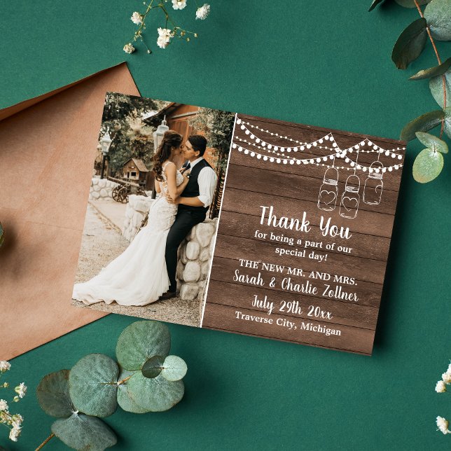 Rustic Charm Mason Jar String Lights Wedding Thank You Card (Creator Uploaded)