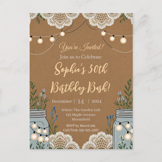 Rustic charm with lace and mason jars  postcard (Front)