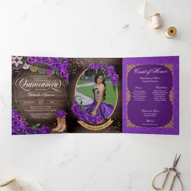 Rustic Charro Royal Purple Roses Quinceañera Tri-Fold Invitation (Inside)