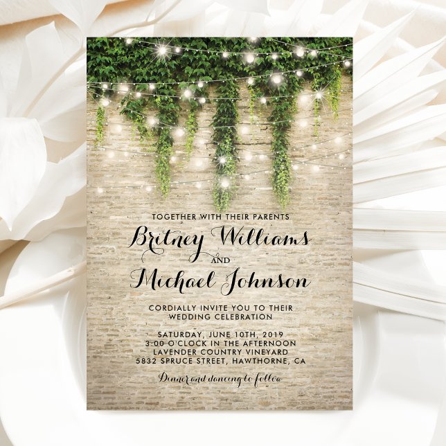 Rustic Chateau Stone Church String Lights Wedding Invitation (Creator Uploaded)