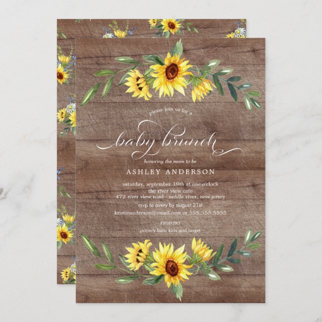 Rustic Cheerful Yellow Sunflower Baby Brunch Invitation (Front/Back)