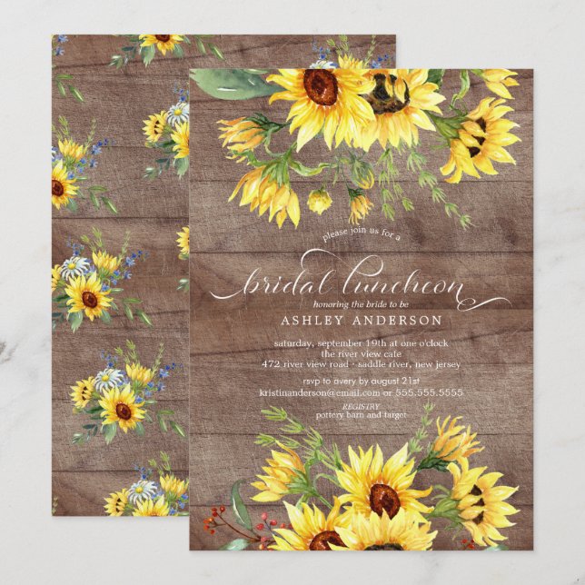 Rustic Cheerful Yellow Sunflower Bridal Luncheon Invitation (Front/Back)