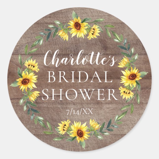 Rustic Cheerful Yellow Sunflower Bridal Shower Classic Round Sticker (Front)