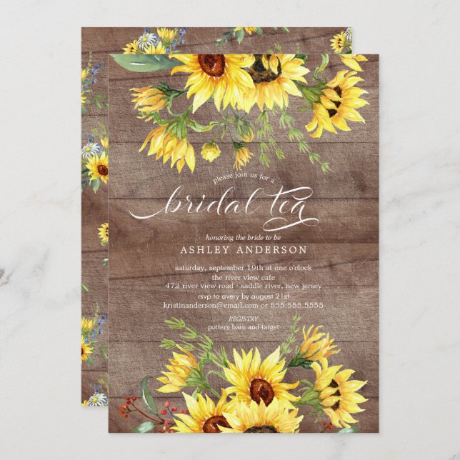 Rustic Cheerful Yellow Sunflower Bridal Tea Invitation (Front/Back)