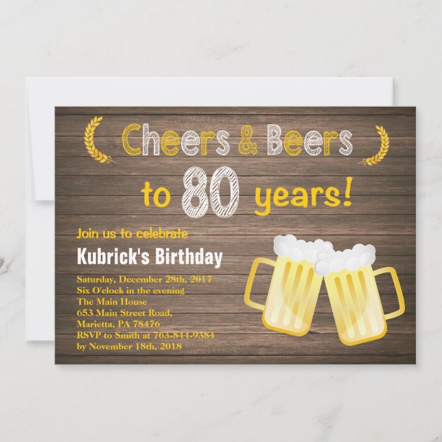 Rustic Cheers and Beers 80th Birthday Invitation (Front)