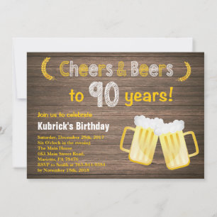 Rustic Cheers and Beers 90th Birthday Invitation