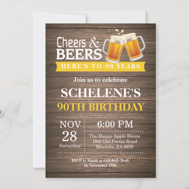 Rustic Cheers and Beers 90th Birthday Invitation (Front)