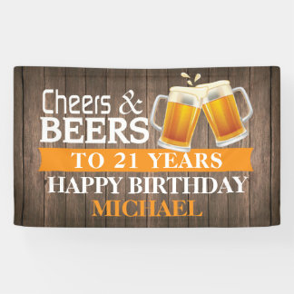 Rustic Cheers and Beers Happy 21st Birthday Orange Banner