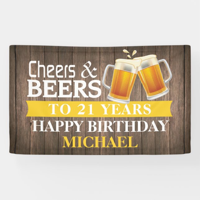 Rustic Cheers and Beers Happy 21st Birthday Yellow Banner (Horizontal)