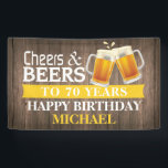 Rustic Cheers and Beers Happy 70th Birthday Yellow Banner<br><div class="desc">Rustic Cheers and Beers Happy 70th Birthday Banner Yellow. For further customisation,  please click the "Customise it" button and use our design tool to modify this template.</div>