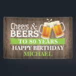 Rustic Cheers and Beers Happy 80th Birthday Green Banner<br><div class="desc">Rustic Cheers and Beers Happy 80th Birthday Banner Green. For further customisation,  please click the "Customise it" button and use our design tool to modify this template.</div>