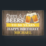 Rustic Cheers and Beers Happy 80th Birthday Yellow Banner<br><div class="desc">Rustic Cheers and Beers Happy 80th Birthday Banner Yellow. For further customisation,  please click the "Customise it" button and use our design tool to modify this template.</div>