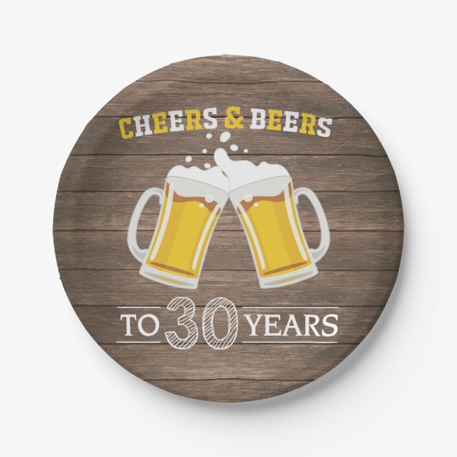 Rustic Cheers and Beers to 30 Years Paper Plate (Front)