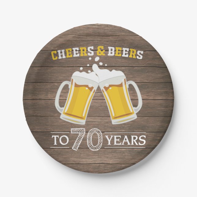 Rustic Cheers and Beers to 70 Years Paper Plate (Front)