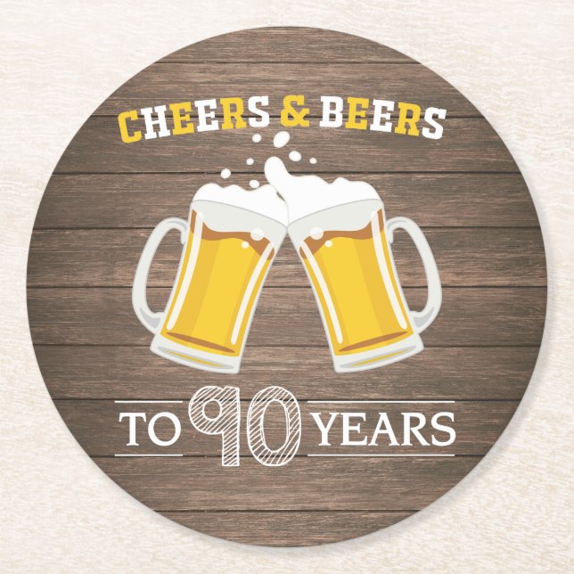 Rustic Cheers and Beers to 90 Years Round Paper Coaster (Front)