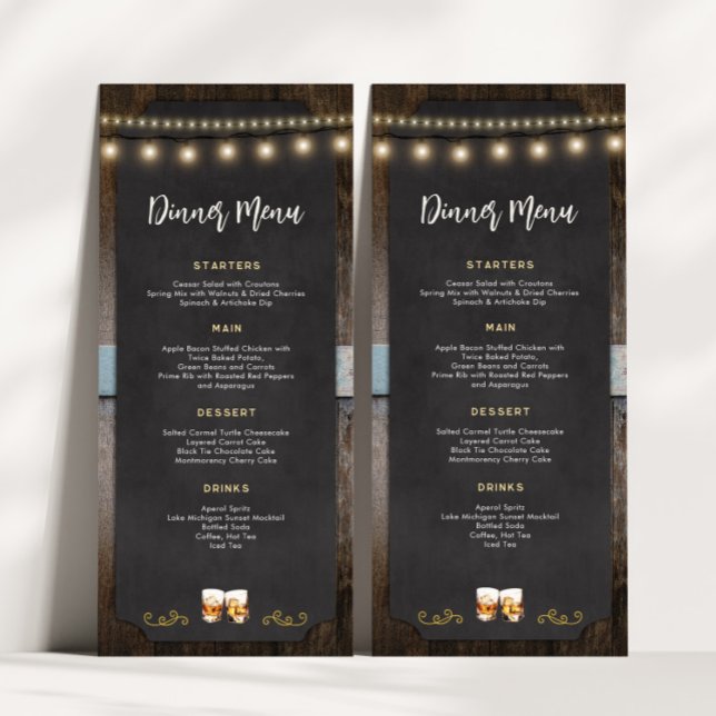 Rustic Cheers Whiskey Shot Themed 4x9 Dinner Menu (Rustic Cheers Whiskey Shot Themed Dinner Menu)