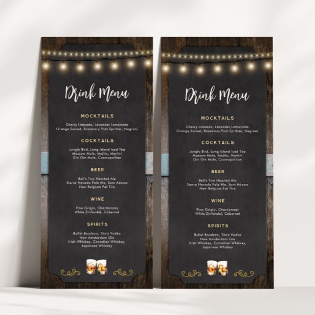 Rustic Cheers Whiskey Shot Themed 4x9 Drink Menu (Rustic Cheers Whiskey Shot Themed Drink Menu)