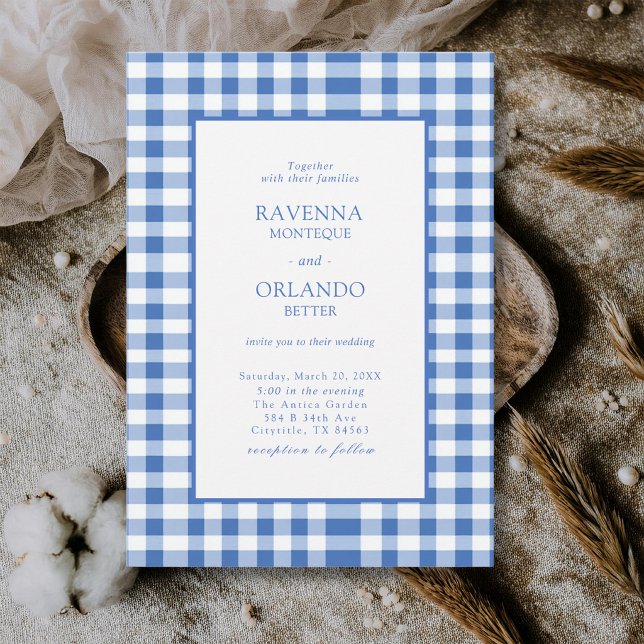 Rustic Chequered Baby Blue Plaid Gingham Wedding Invitation (Creator Uploaded)