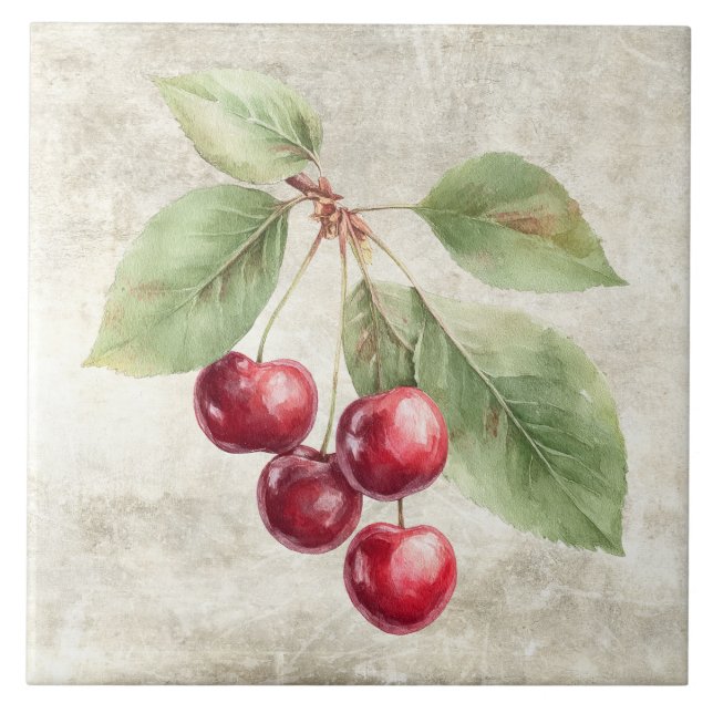 Rustic Cherries Watercolor Fruit Ceramic Tile (Front)