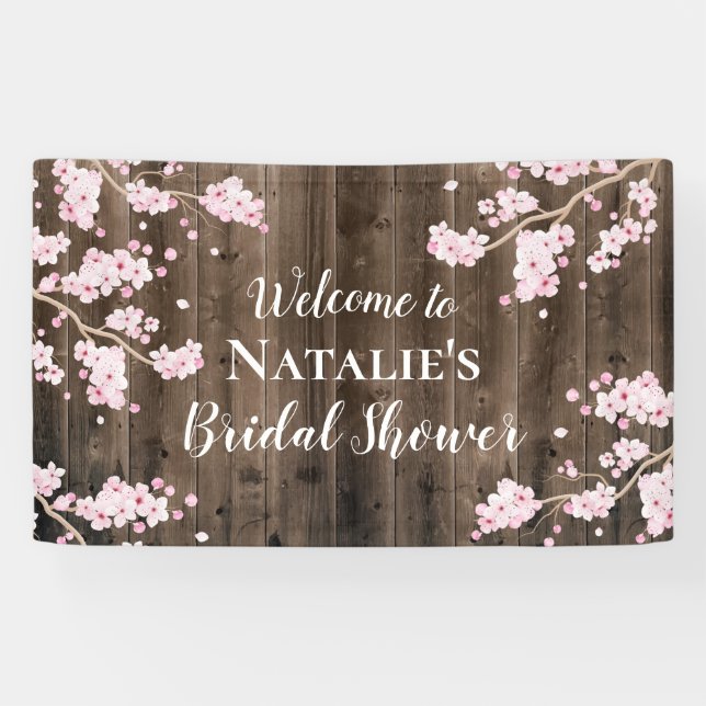 Rustic Cherry Blossom Floral Wood Bridal Shower Banner (Horizontal)