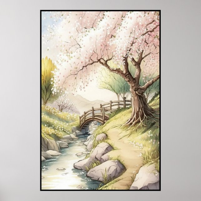 Rustic Cherry Blossom in Sunset Light Landscape Poster (Front)