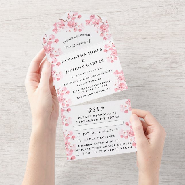 Rustic Cherry Blossom Japanese Pink Flowers Sakura All In One Invitation (Tearaway)