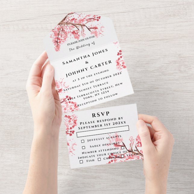 Rustic Cherry Blossom Japanese Pink Flowers Sakura All In One Invitation (Tearaway)
