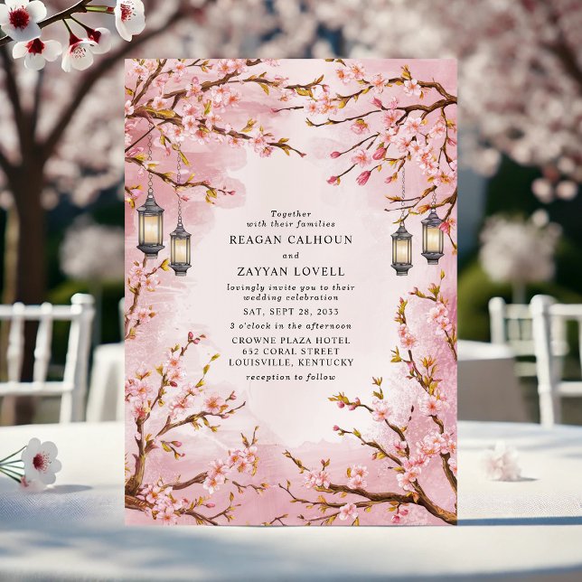 Rustic Cherry Blossom Lantern Wedding Invitation (Creator Uploaded)