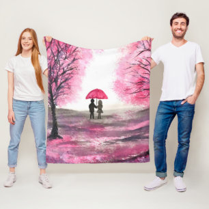 Rustic Cherry Blossoms Love couple Red Umbrella Fleece Blanket