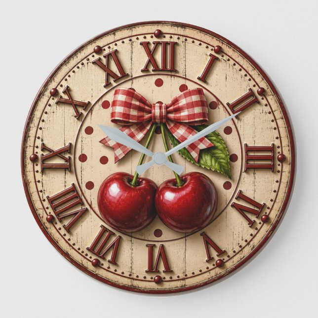 Rustic Cherry Gingham Bow  Farmhouse Kitchen Large Clock (Front)