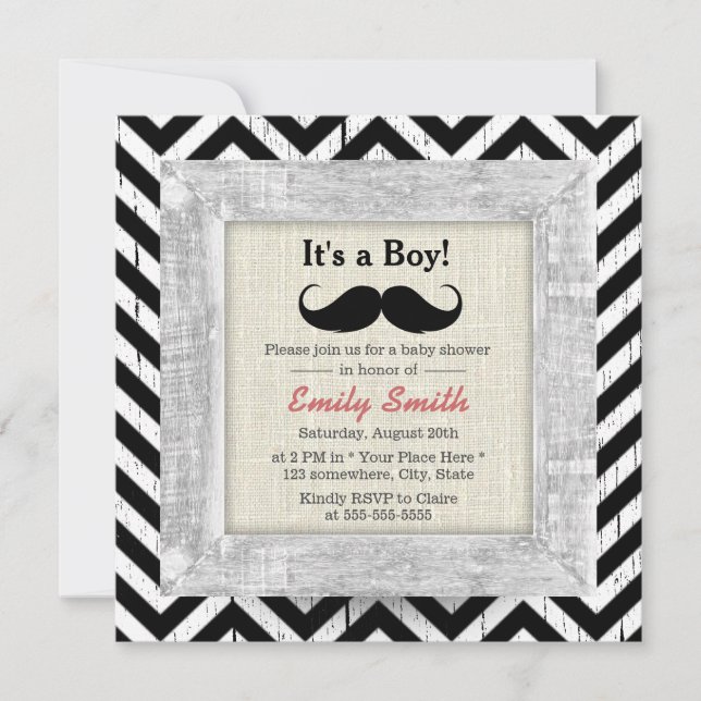 Rustic Chevron Stripes Moustache Boy Baby Shower Invitation (Front)