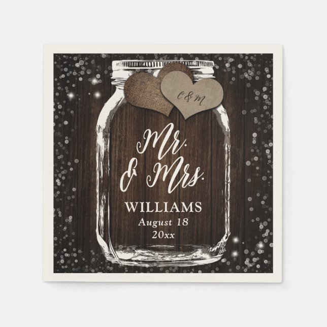 Rustic Chic Barn Wood Mason Jar Mr. & Mrs. Wedding Napkin (Front)