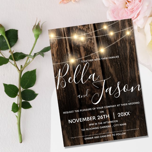 Rustic Chic Barn Wood  with String Lights Wedding Invitation (Rustic Barn Wood String Lights Country Wedding Invitation)