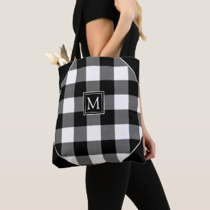 Rustic Chic Black Buffalo Check Plaid Monogram Tote Bag