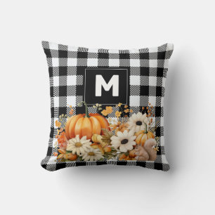 Rustic Chic Black White Plaid Fall Garden Monogram Cushion