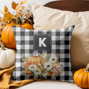 Rustic Chic Black White Plaid Fall Garden Monogram Cushion