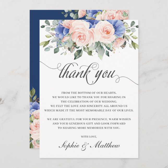 Rustic Chic Blush Blue Floral Roses Wedding Bridal Thank You Card (Front/Back)