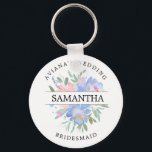Rustic Chic Blush Pink Blue Floral Personalized Key Ring<br><div class="desc">Rustic chic blush pink and blue flowers are surrounded by green leaves and vines. The bridesmaid's name divides the roses in half. The bride's name and wedding is written in curved text above the roses bridesmaid is written in curved text below. This keychain is part of the Joyeux collection. You'll...</div>
