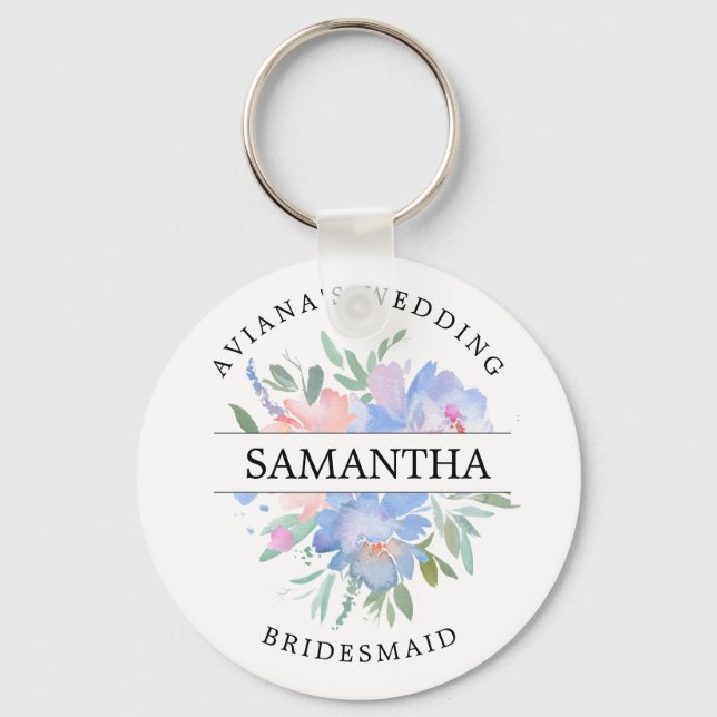 Rustic Chic Blush Pink Blue Floral Personalized Key Ring (Front)
